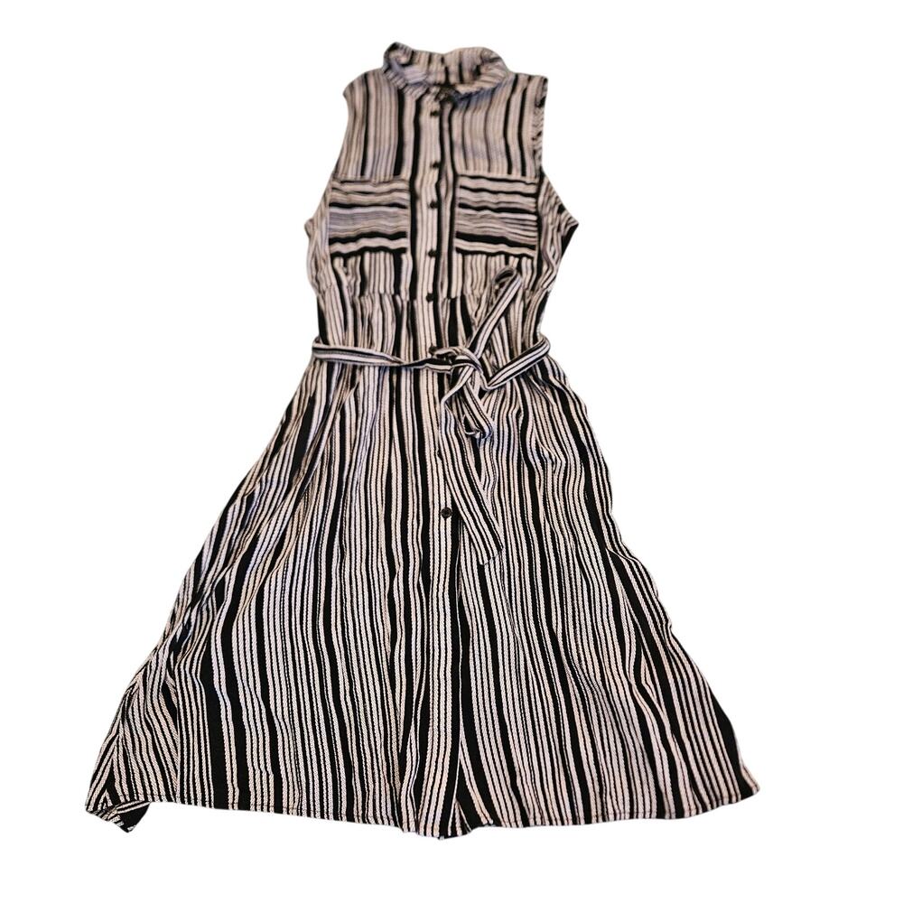 Who What Wear Dress XS Black White Stripe Sleeveless Button Front Belted Midi